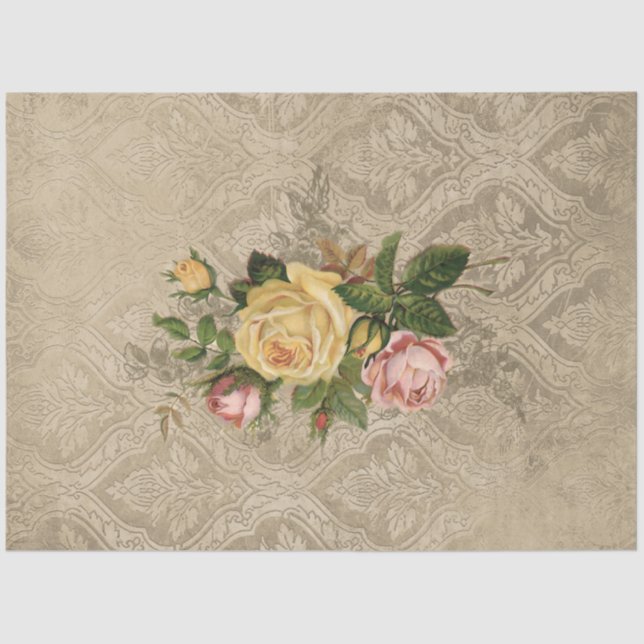 Vintage Roses on Grungy Sepia Damask Tissue Paper (Front)