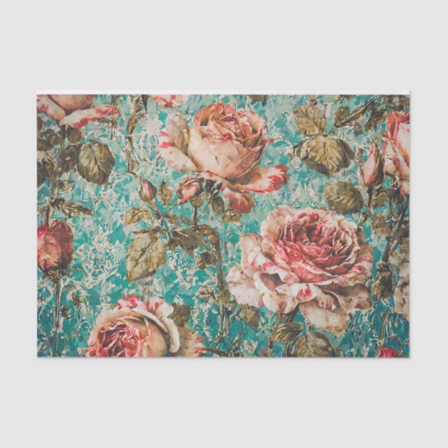 Vintage Roses on Teal Tissue Paper (Front)