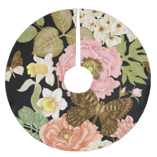 Vintage Roses Peonies: Black Floral Pattern Brushed Polyester Tree Skirt