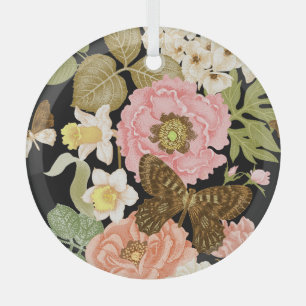 Vintage Roses Peonies: Black Floral Pattern Glass Tree Decoration