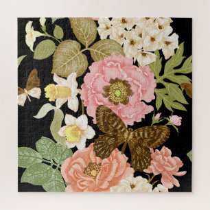Vintage Roses Peonies: Black Floral Pattern Jigsaw Puzzle