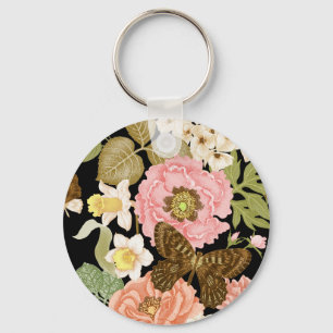 Vintage Roses Peonies: Black Floral Pattern Key Ring