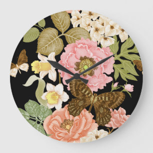 Vintage Roses Peonies: Black Floral Pattern Large Clock