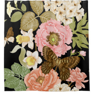 Vintage Roses Peonies: Black Floral Pattern Shower Curtain
