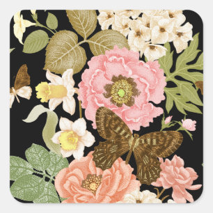 Vintage Roses Peonies: Black Floral Pattern Square Sticker