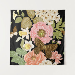 Vintage Roses Peonies: Black Floral Pattern Tapestry