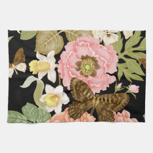 Vintage Roses Peonies: Black Floral Pattern Tea Towel