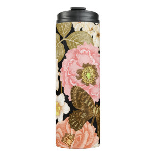 Vintage Roses Peonies: Black Floral Pattern Thermal Tumbler