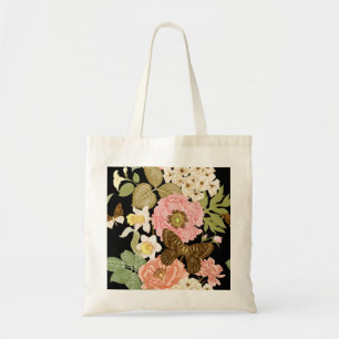 Vintage Roses Peonies: Black Floral Pattern Tote Bag