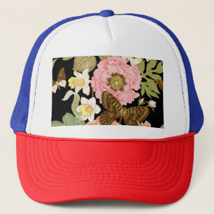 Vintage Roses Peonies: Black Floral Pattern Trucker Hat