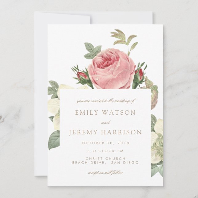 Vintage Roses Pink and White Wedding Invitation (Front)