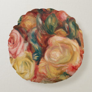 Vintage Roses Pink and Yellow Floral Renoir Round Cushion