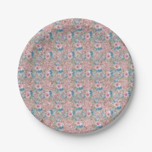 Vintage Roses Pink Blue Shiny Pink Background Paper Plate