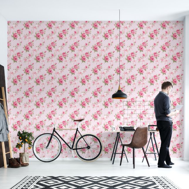 Vintage Roses Pink Bows Wallpaper (Living Room)