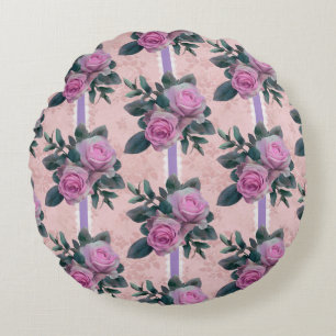 Vintage Roses Ribbons Lace Lavender  Round Cushion