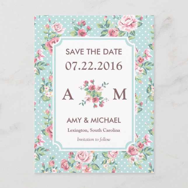 Vintage Roses Save The Date Announcement Postcard (Front)
