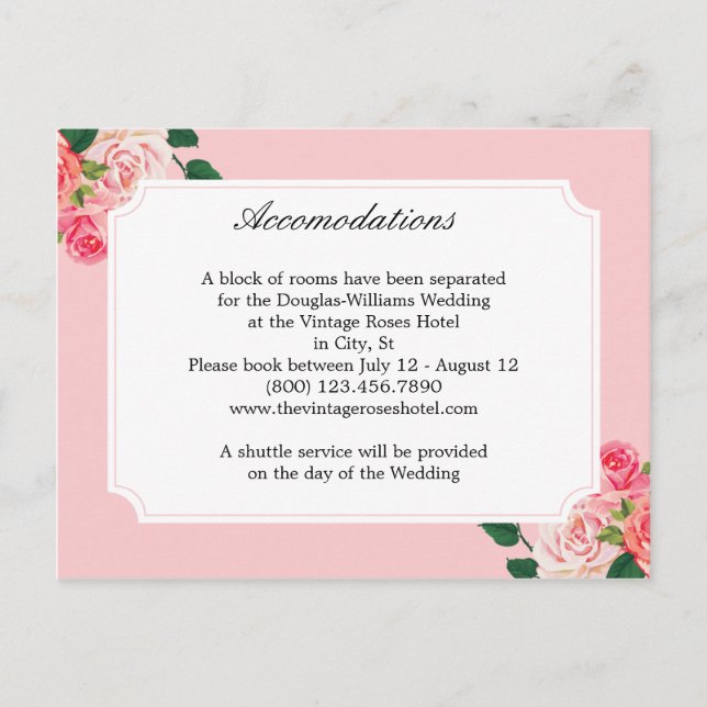 Vintage Roses Wedding Accommodations Postcard (Front)