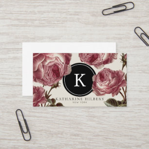 Vintage Roses with Black Monogram Business Card