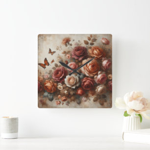 Vintage Roses with Butterflies Square Wall Clock