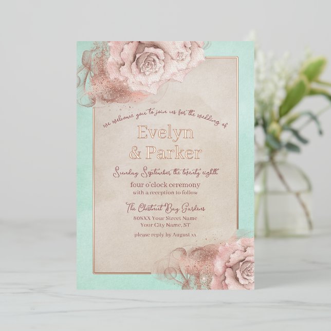 Vintage Roses with Rose Gold on Teal Wedding (Standing Front)