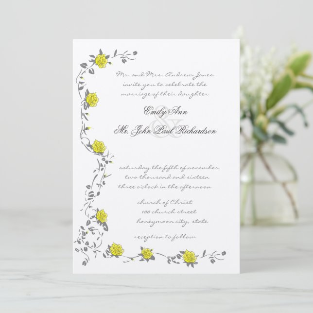 Vintage Roses Yellow and Grey Wedding Invite (Standing Front)