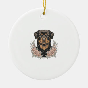 Vintage Rottweiler Floral Portrait Shirt Design_1 Ceramic Tree Decoration