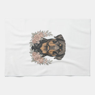 Vintage Rottweiler Floral Portrait Shirt Design_1 Tea Towel