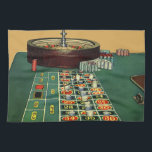 Vintage Roulette Table Casino Game, Gambling Chips Tea Towel<br><div class="desc">Vintage illustration business gambling design featuring an antique roulette wheel with red and black numbers. A table with chips and a spinning wheel used for gambling. Gaming at the Casino in Las Vegas!!</div>