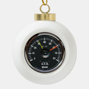 Vintage Round Analogue Auto Tachometer Ceramic Ball Christmas Ornament
