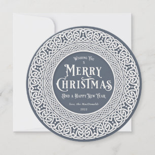 Vintage Round Blue + Off White Celtic Holiday Card