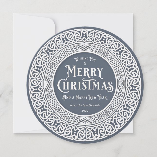 Vintage Round Blue + Off White Celtic Holiday Card (Front)
