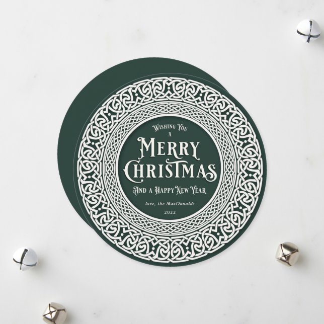 Vintage Round Green + Off White Celtic Holiday Card (Front/Back In Situ)