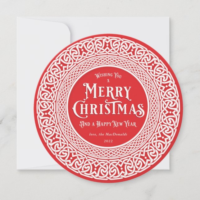Vintage Round Red + Off White Celtic Holiday Card (Front)