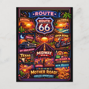 Vintage Route 66 Americana Travel Stationery Holiday Postcard