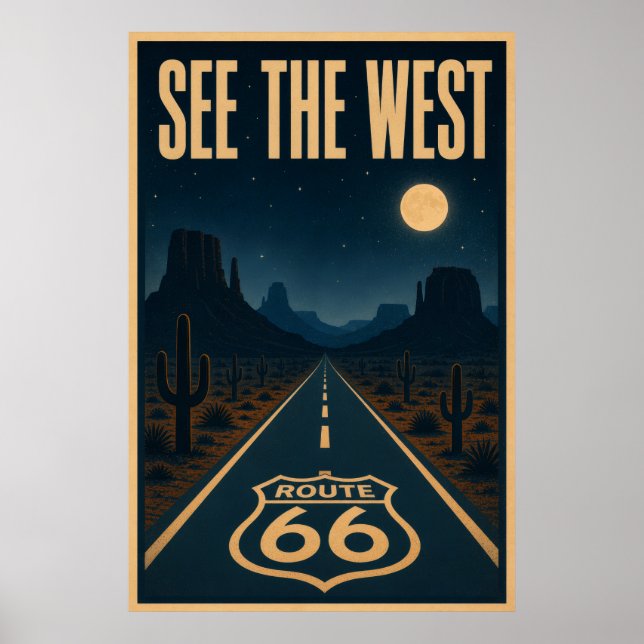 Vintage Route 66 Desert Highway Night Landscape Poster (Front)
