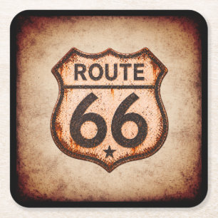 Vintage Route 66 Distressed Shield Barware Square Paper Coaster