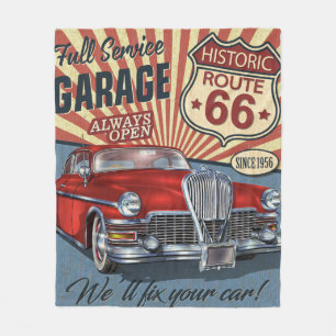 Vintage Route 66 Garage retro poster with retro ca Fleece Blanket