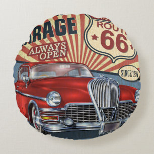 Vintage Route 66 Garage retro poster with retro ca Round Cushion