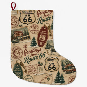 Vintage Route 66 Holiday Postcard Journey Large Christmas Stocking