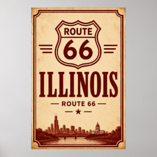 Vintage Route 66 Illinois City Skyline Art Poster
