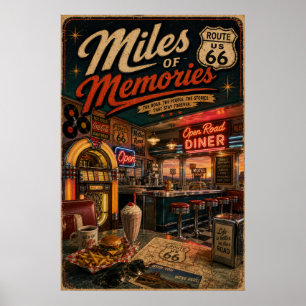 Vintage Route 66 Neon Diner Roadside Americana Poster