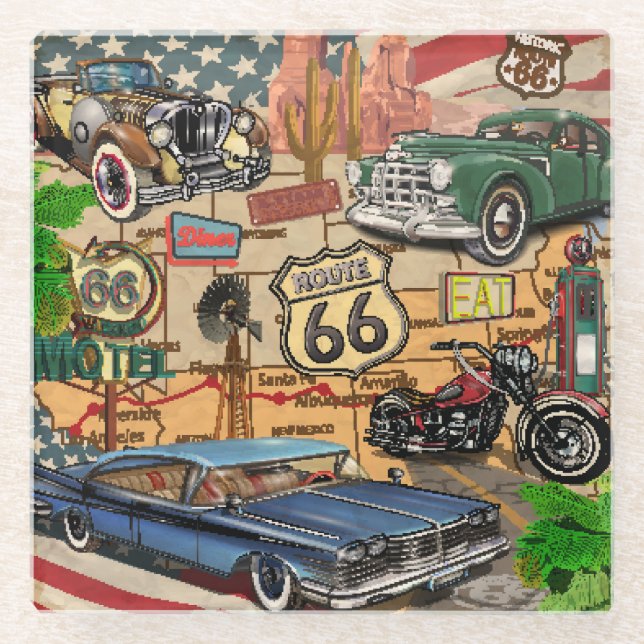 Vintage Route 66, nostalgic poster. Glass Coaster (Front)