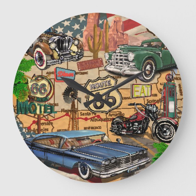 Vintage Route 66, nostalgic poster. Large Clock (Front)