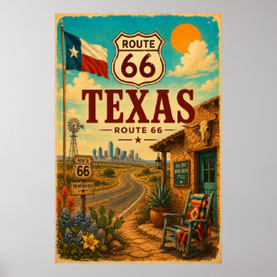 Vintage Route 66 Texas Bluebonnet Road Art Poster