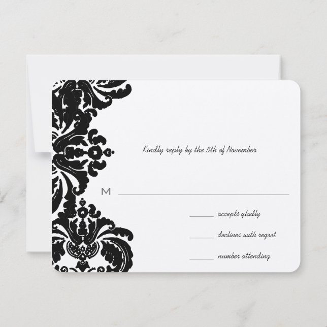 Vintage Royal Black Damask Wedding RSVP (Back)
