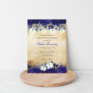 Vintage Royal Blue Floral Butterfly Quinceañera  Invitation