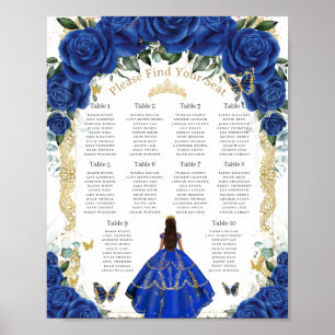 Vintage Royal Blue Floral Gold Quinceañera Seating Poster