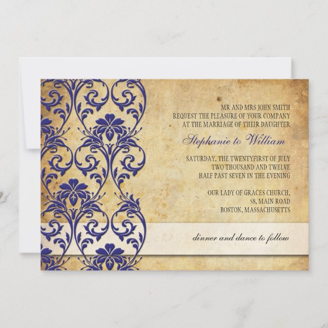 Vintage Royal Blue Floral Swirl Wedding Invitation (Front)