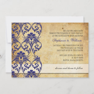 Vintage Royal Blue Floral Swirl Wedding Invitation