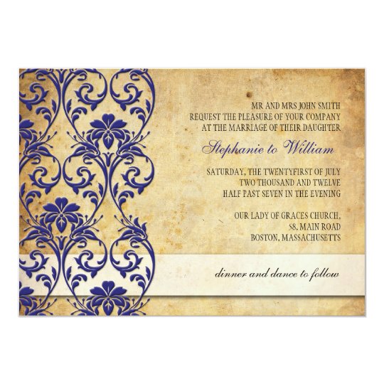 Vintage Royal Blue Floral Swirl Wedding Invitation